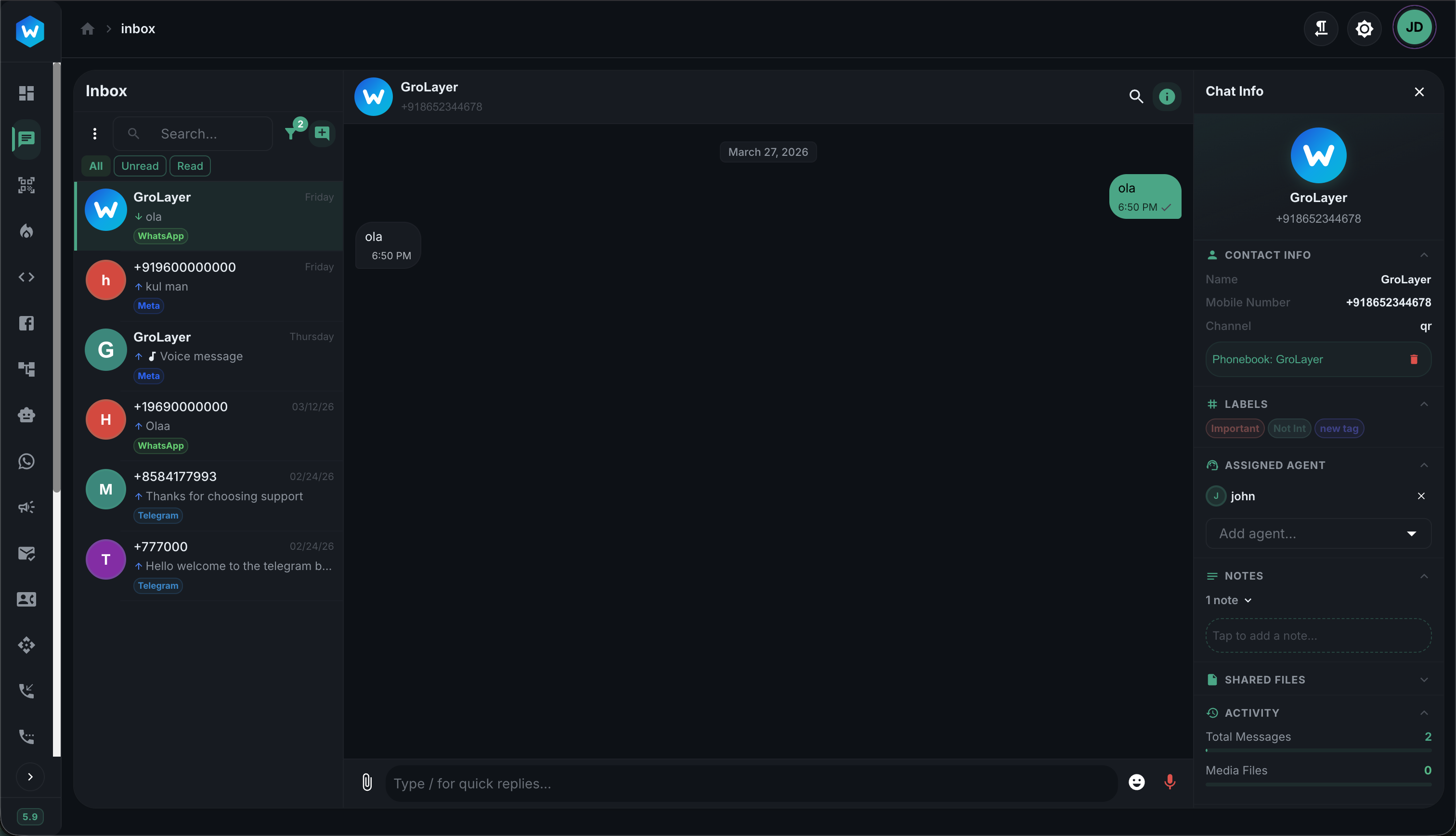 The WBoard inbox: WhatsApp, Meta and Telegram conversations in one list with labels, notes and an assigned agent